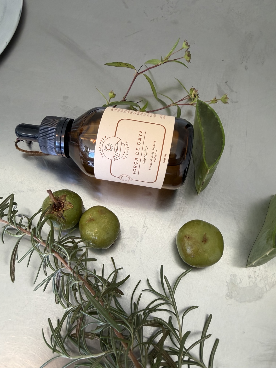 Óleo Força de Gaya ao lado de alecrim, babosa e frutos de amla